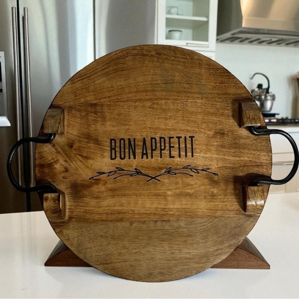 Thirty-One 31 Wood Serving Tray Iron Handles 'Bon Appetit'  14"  Charcuterie EUC